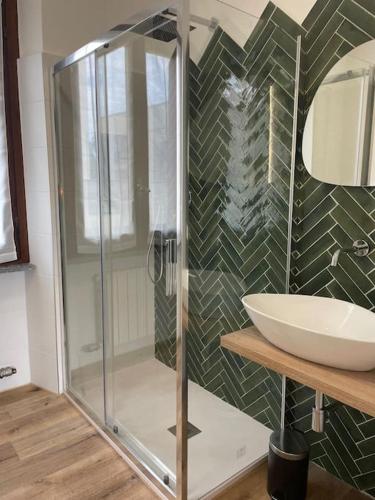 a bathroom with a glass shower and a sink at Green House tra natura e città in Vedano al Lambro