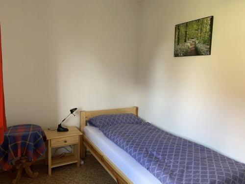 a bedroom with a bed and a table with a lamp at Gästehaus Erika in Tengen