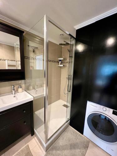 une salle de bain avec douche et lavabo et une machine à laver dans l'établissement Luxury flat direct line Central Paris, à Asnières-sur-Seine