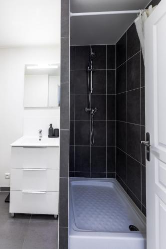 une salle de bain avec douche et baignoire dans l'établissement Appartement F2 proche Disneyland, à Chaumes-en-Brie