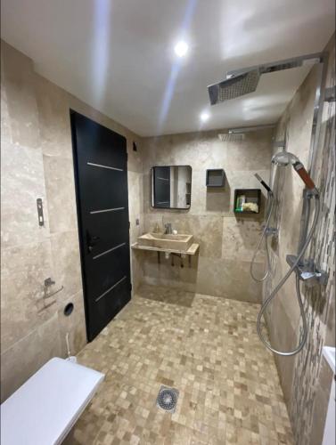 une salle de bain avec douche et lavabo dans l'établissement Villa piscine, à Roquefort-les-Pins
