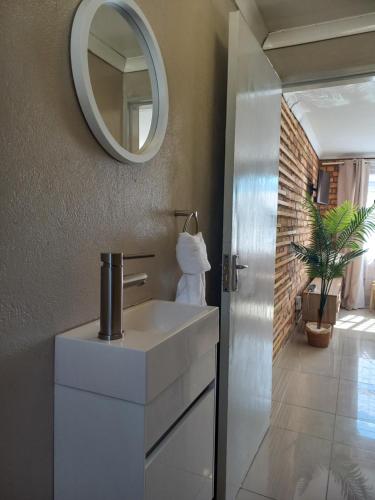 a bathroom with a white sink and a mirror at Inni Bush Guesthouse in Noordheuwel
