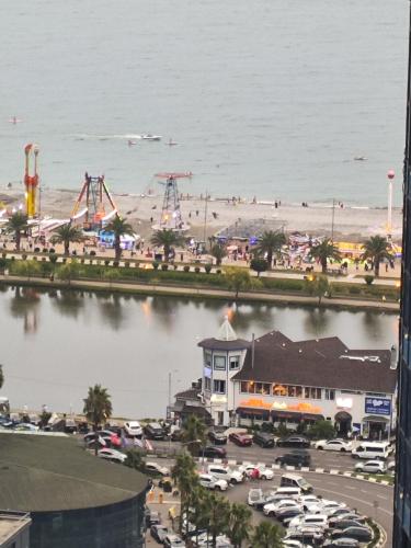 a view of the beach from a hotel at Sea View Apartment in Batumi, Georgia in Angisa