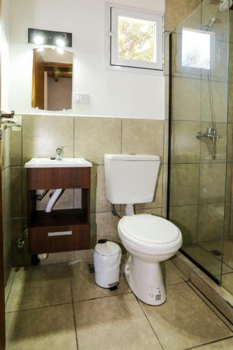 a bathroom with a toilet and a sink and a shower at Refugio del Hornero Norte in San Carlos de Bariloche