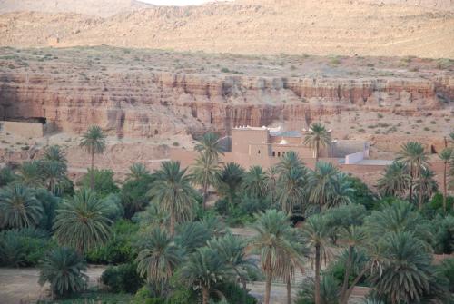 a village in the desert with palm trees and cliffs at Maison Ich chez Abdel in Ich