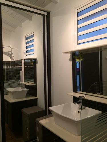 a bathroom with two sinks and a mirror at Villa Pradel Dylis in Saint-François