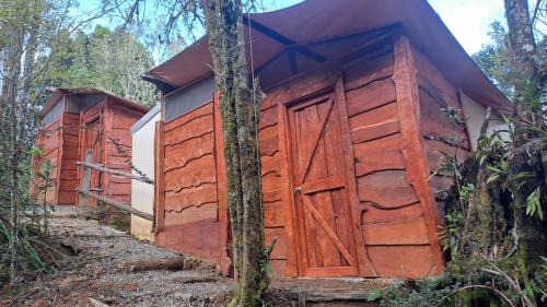 a wooden cabin with a door in the woods at S Natura Birding and Photography in Villa Mills
