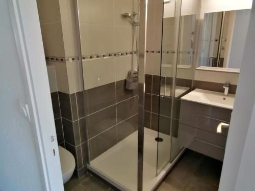 une salle de bain avec une douche, des toilettes et un lavabo dans l'établissement Appartement refait 2 pièces avec piscine et parking - FR-1-731-106, au Grau-du-Roi