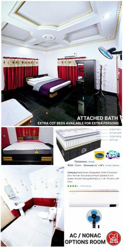 a collage of photos of a room with beds and a tv at GB25 inn in Trivandrum