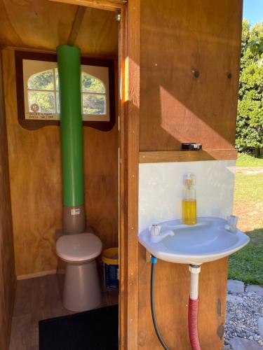 a bathroom with a toilet and a sink at River Song Retreat Golden Bay in Onekaka