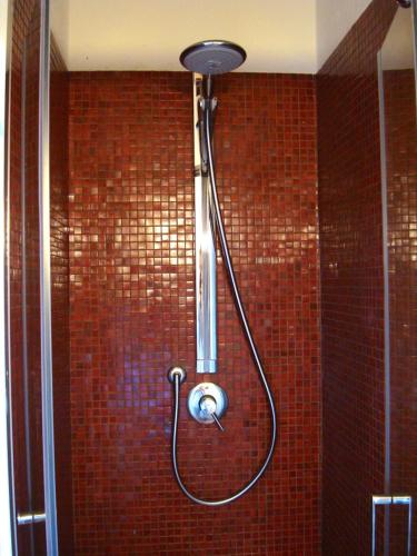 a shower in a bathroom with a red tiled wall at Le Antiche Mura in Semproniano