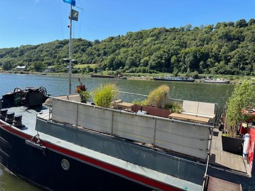 a large boat sitting in the water with plants on it at Une perle ! Péniche complète pour 8 sur la Meuse, région Namur in Andenne