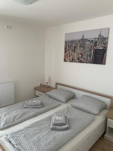 two beds in a bedroom with a picture on the wall at Pension Formanka in Splzov
