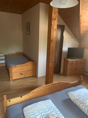 a bedroom with two bunk beds and a television at Pension Formanka in Splzov