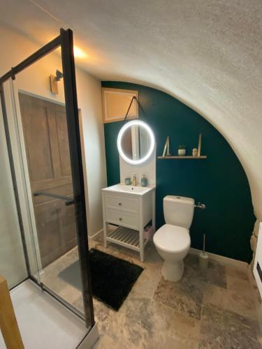 La salle de bains est pourvue de toilettes et d'un mur vert. dans l'établissement Appartement dans maison de village provençal, à Château-Arnoux-Saint-Auban