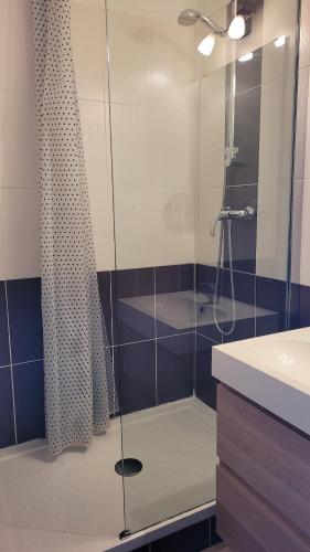 una ducha con puerta de cristal en un baño en AGAY, Cap Esterel, magnifique vue mer panoramique et Esterel, terrasse, piscines, parking, dernier étage, 3 étoiles, en Saint-Raphaël