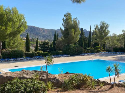 - une piscine dans un complexe avec des arbres et des chaises dans l'établissement AGAY, Cap Esterel, magnifique vue mer panoramique et massif de l'Esterel, terrasse sud, accès 5 piscines, parking, dernier étage, classé 3 étoiles, site naturel de rêve, à Saint-Raphaël