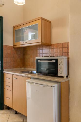 a kitchen with a microwave and a refrigerator at Elenas Beach Studios in Vourvourou