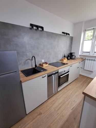 a kitchen with a sink and a counter top at Apartament przy stawach in Grodzisk Mazowiecki