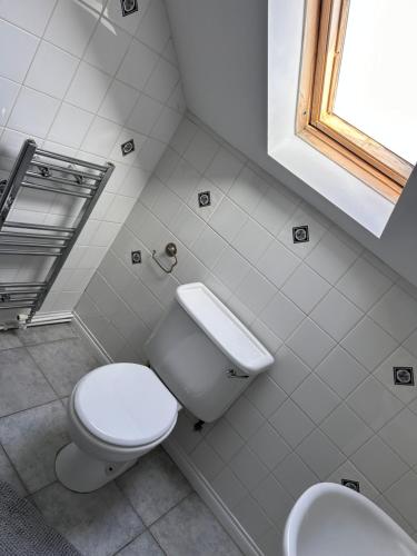 a bathroom with a white toilet and a window at Belfast Skyline Retreat - 3 Bedroom Apartment with Free Parking in Belfast