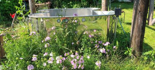 a garden with a tub in the middle of flowers at DVOR POD KRíKMI in Spišský Štvrtok