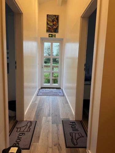 a hallway with a door and a window and a rug at Broddaborg Apartments in Ölfus