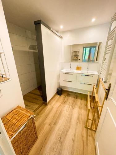 une salle de bain avec un lavabo et un miroir dans l'établissement Appartement Bellevue du Ventoux, à Montbrun-les-Bains