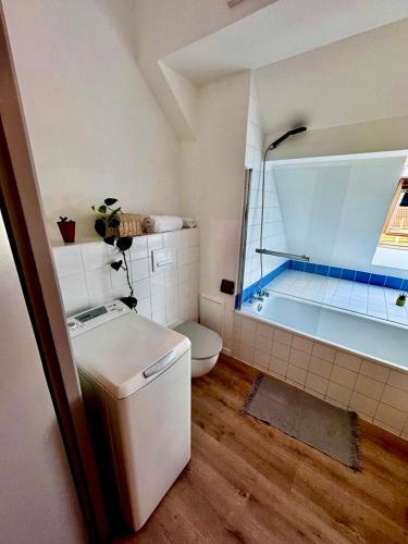 La petite salle de bains est pourvue de toilettes et d'une baignoire. dans l'établissement Au pieds du vignoble Colmarien, à Ingersheim