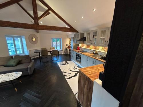 une cuisine et un salon avec un canapé et une table dans l'établissement Loft de standing, à Cholet