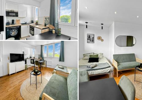 trois vues différentes sur un salon et une cuisine dans l'établissement Arrêt Paisible à Maisons Alfort, à Maisons-Alfort