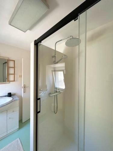 a shower with a glass door in a bathroom at Enara-enea in Morentin