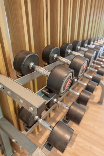 a row of dumbbells lined up in a gym at The Valley at Sunshine, Panoramic in Pak Chong