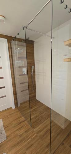 a glass shower in a room with a wooden floor at Ogrodowa 14 in Podgórzyn