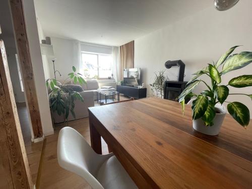 a living room with a wooden table and plants at MiniLoft Andernach in Andernach