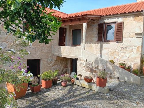 a house with potted plants in front of it at Casa das Cazolas in Oia