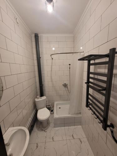 a white bathroom with a toilet and a sink at Антарес Отель in Shemonaīkha