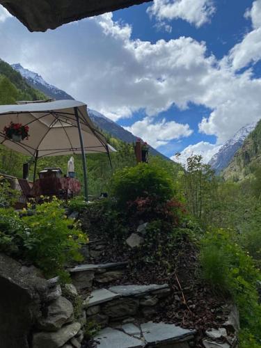 a garden with an umbrella and mountains in the background at Casa le Bouquetin in Introd