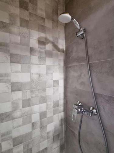 une douche avec pommeau de douche dans une salle de bain dans l'établissement Appartement 2 pièces équipé & rénové, à Balaruc-les-Bains