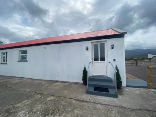 a white building with a door and two plants at Hayfield View in Gaddagh Bridge