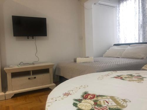 ein Schlafzimmer mit zwei Betten und einem Fernseher an der Wand in der Unterkunft Snow white studio in Skopje