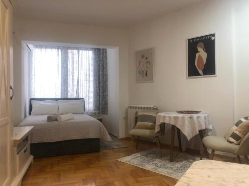 una camera da letto con un letto, un tavolo e una finestra di Snow white studio a Skopje