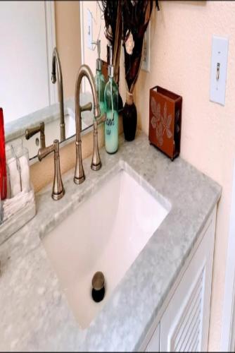 a kitchen counter with a white sink in a kitchen at Be Our Guest-Shared Home Tampa in Palmdale