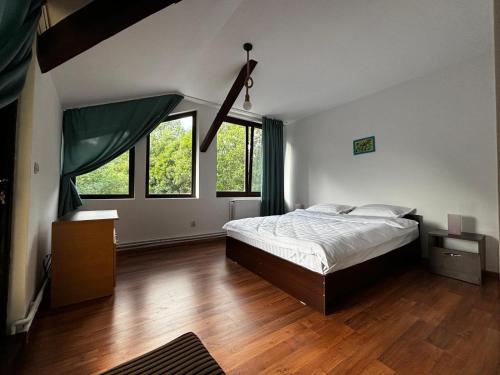 a bedroom with a large bed and two windows at Casa cu pădure in Breaza