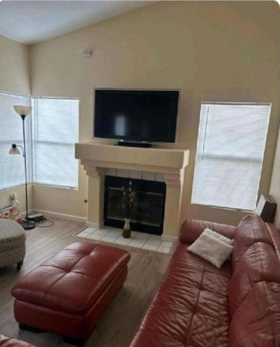 a living room with a couch and a fireplace at Be Our Guest-Shared Home Tampa in Palmdale