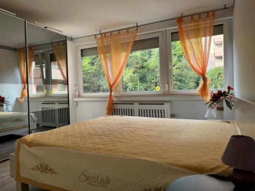 a bedroom with a large bed and two windows at Ferienwohnung Bingen in Bingen am Rhein
