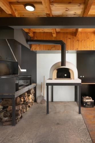 a kitchen with a pizza oven in a room at Smilovický Mlýn in Rakovník