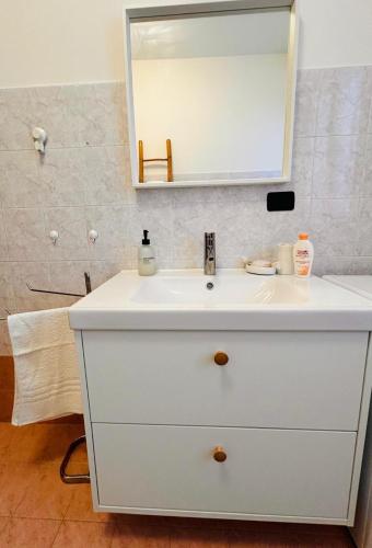 a bathroom with a white sink and a mirror at L' altro nido in San Genesio ed Uniti