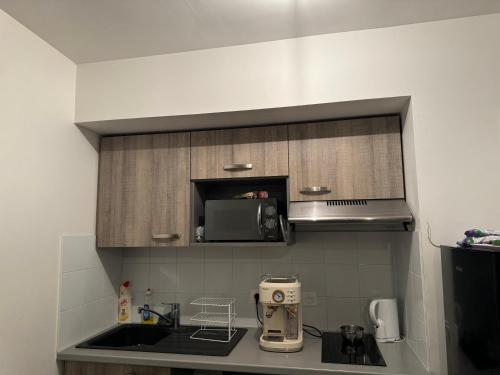 une cuisine avec un évier et un micro-ondes dans l'établissement Splendide appartement type T2, à Villejuif