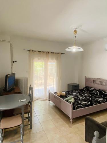 a bedroom with a bed and a desk and a table at Kalamaki Philoxenia in Athens
