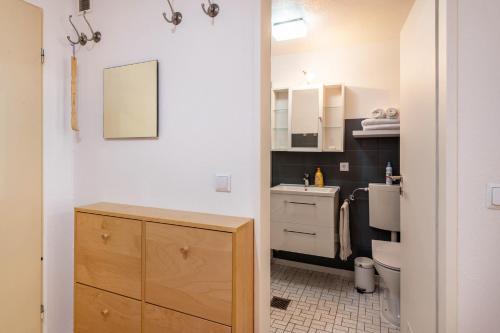 a small bathroom with a sink and a toilet at Der Zwergenbau in Badenweiler